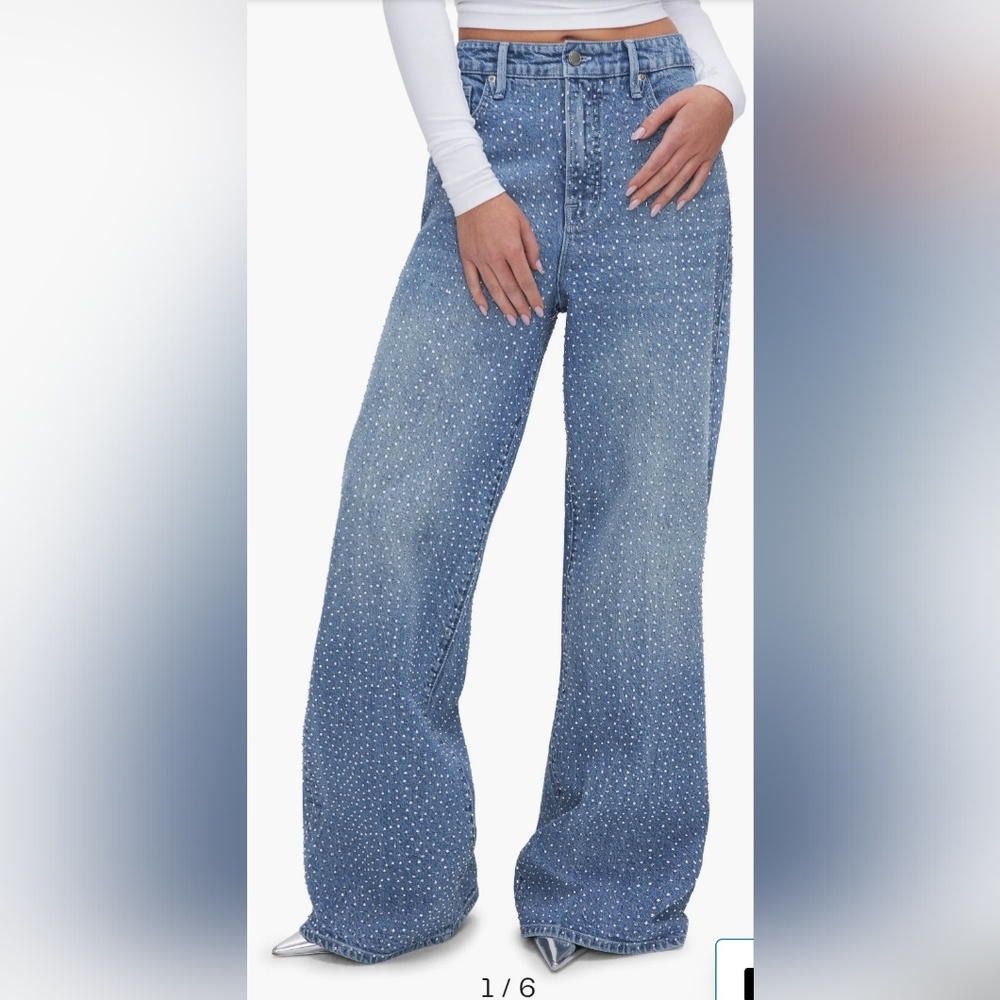 Good American Super High Rise Wide Leg Rhinestone Embellished Indigo Jeans Sz 27